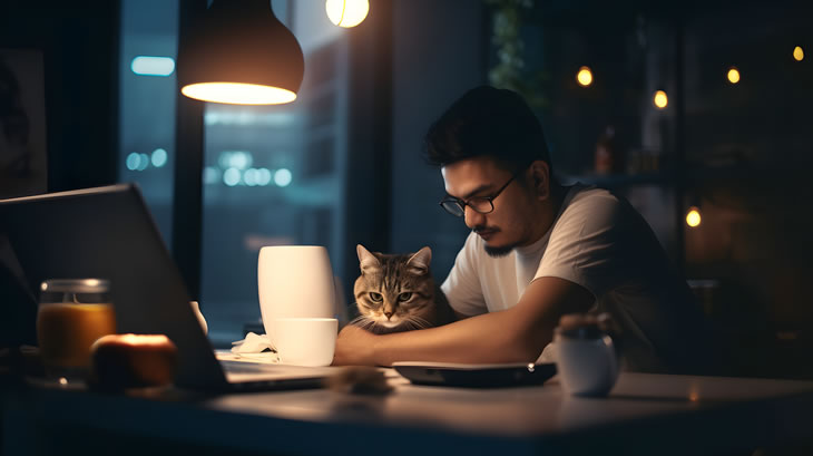 Focused male with a cat studying for Real Estate Exam on Laptop with Night Cityscape View – Best Real Estate Exam Prep