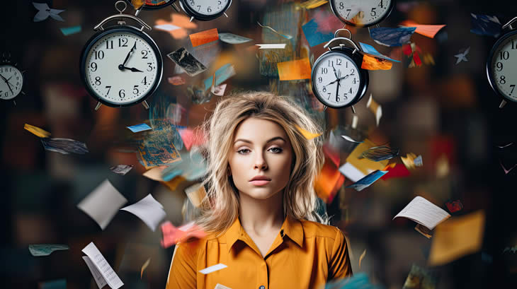 Woman surrounded by clocks and study notes to get ready for the real estate exam prep with NightBeforeTheExam.com.