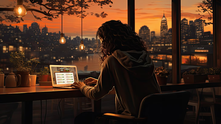 Focused Female Real Estate Student Studying for Exam on Laptop with Night Cityscape View – Effective Real Estate Exam Prep
